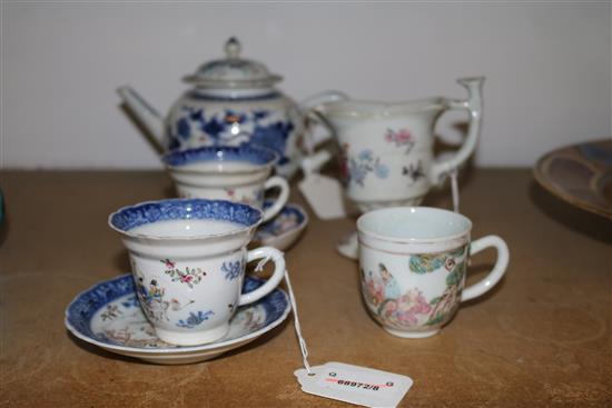 Chinese Export ware, inc a helmet-shaped cream jug, bullet-shaped teapot, 3 cups & 2 saucers (faults)